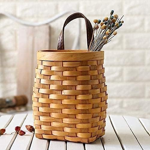 Vintage Handwoven Wooden Strip Basket with Faux Leather Handle β Mini Storage & Gift Basket