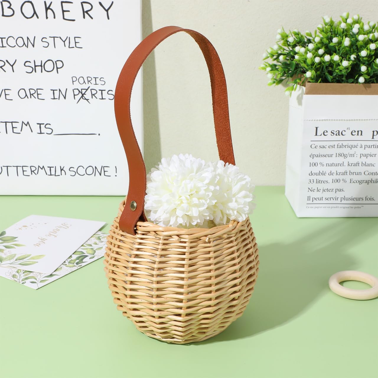 Round Hanging Woven Basket with Faux Leather Strap β Wall Mounted Rattan-Style Ball Storage Basket for Home Decor, Weddings, and Holidays