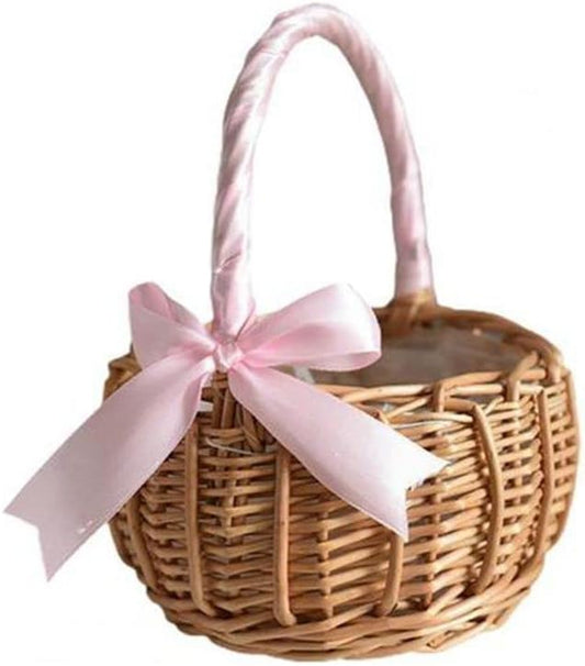 Handwoven Wicker Basket with Pink Ribbon – Cute Round Flower Girl Basket for Wedding, Gift & Display