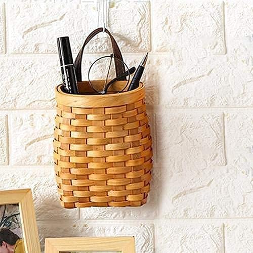 Vintage Handwoven Wooden Strip Basket with Faux Leather Handle – Mini Storage & Gift Basket
