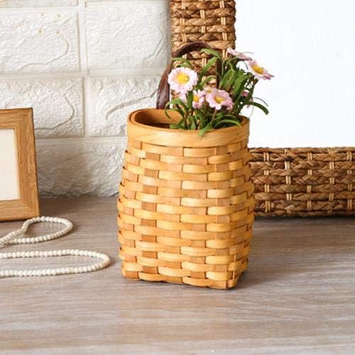 Vintage Handwoven Wooden Strip Basket with Faux Leather Handle – Mini Storage & Gift Basket