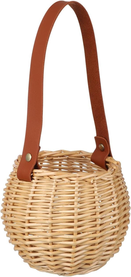 Round Hanging Woven Basket with Faux Leather Strap – Wall Mounted Rattan-Style Ball Storage Basket for Home Decor, Weddings, and Holidays