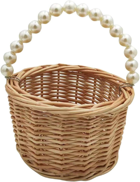 Pearl Handle Woven Storage Basket – Handmade Rattan Basket for Kids, Flower Girls & Home Decor