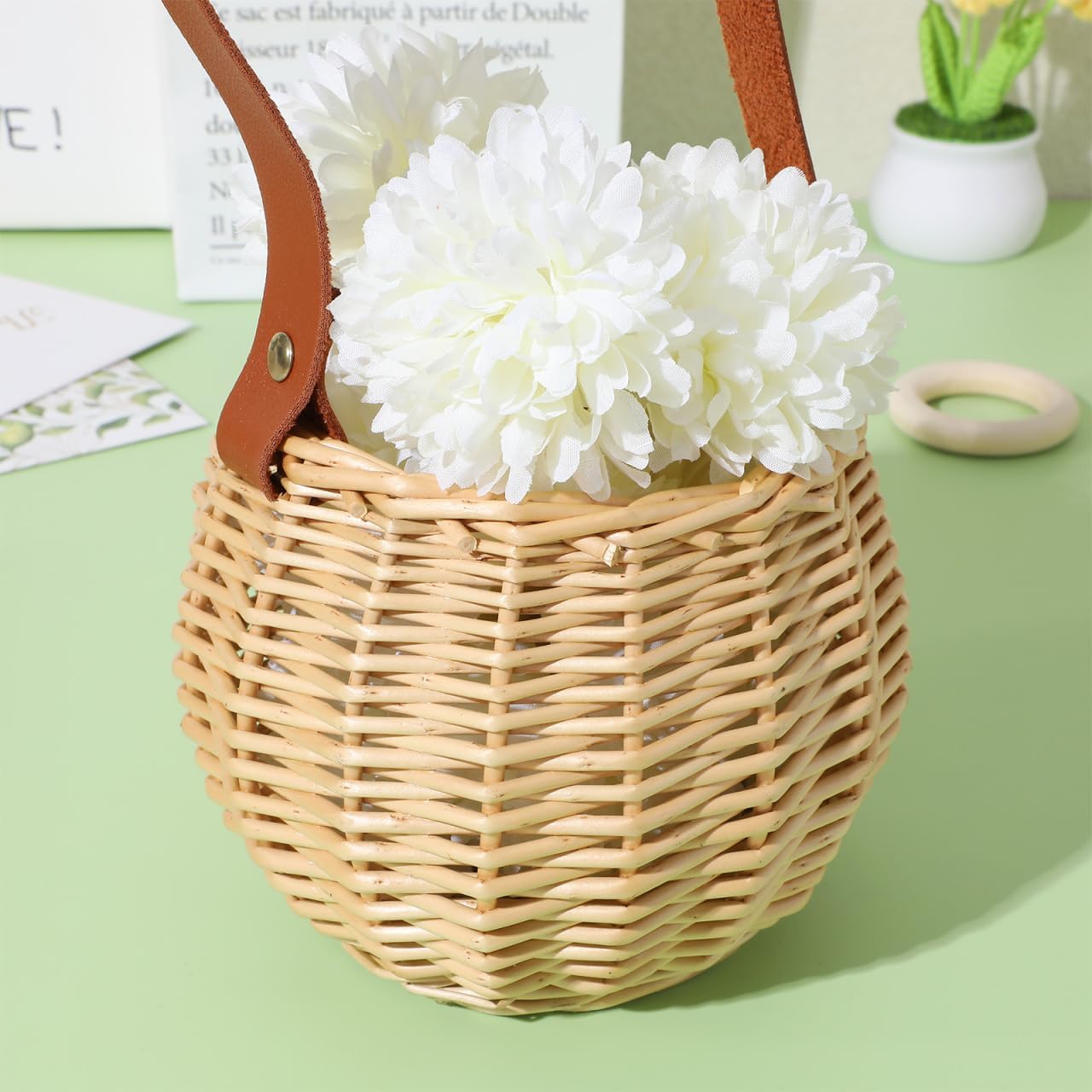 Round Hanging Woven Basket with Faux Leather Strap – Wall Mounted Rattan-Style Ball Storage Basket for Home Decor, Weddings, and Holidays