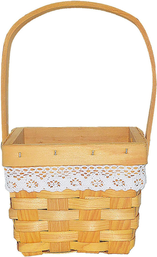 Rustic Square Wicker Basket with Lace Trim – Handwoven Decorative Flower Basket with Handle for Wedding, Party, Home Decor